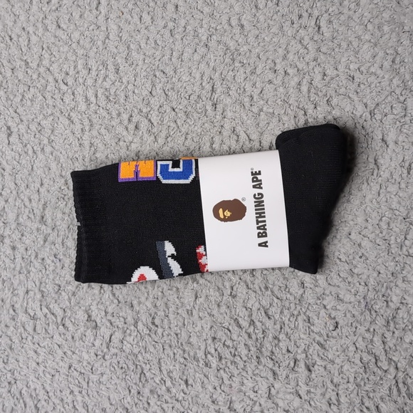 Bape Crew Socks WGM Shark Mouth Tiger Logo Mens Womens Unisex Size 9-11 Black - Picture 1 of 3
